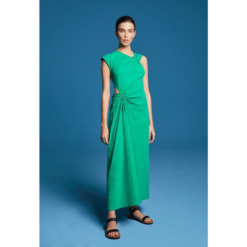 A.L.C. Beale Solid Green Cap Sleeve Asymmetric Linen Blend Midi Dress Size 0 - Picture 2 of 11